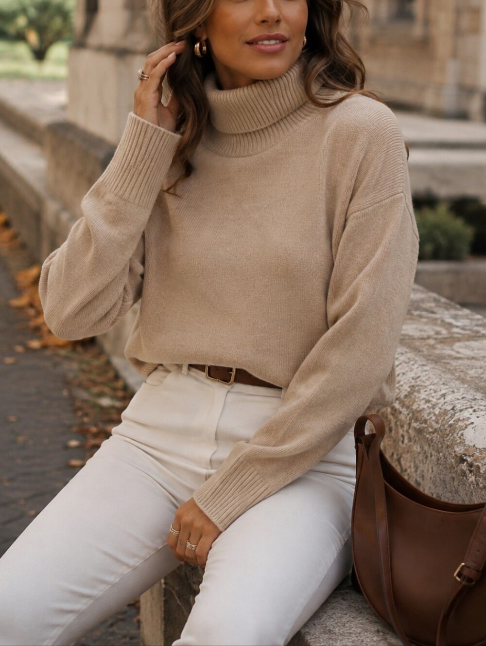 Aritzia Babaton Beige Tan Wool Cashmere Turtleneck Sweater | Luxury Soft Knit P